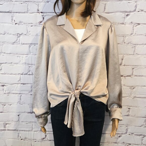 KAREN KANE - Satin front tie long sleeve taupe coloured blouse - Picture 5 of 10